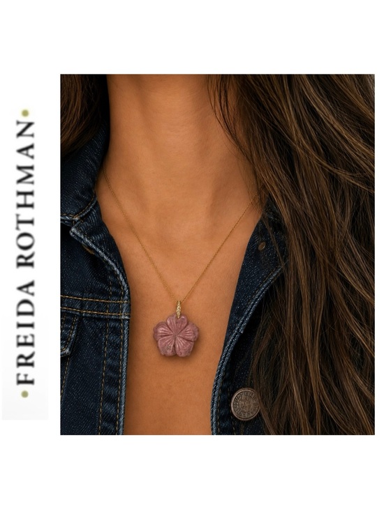 Freida Rothman Jewelry - Freida Rothman Vault Hand-Carved Rose Quartz Flower Pendant Brass Based